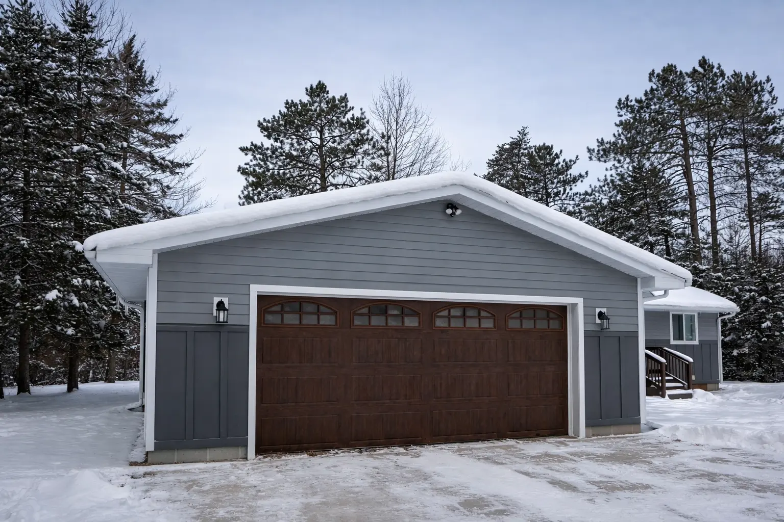 Completed attached garage with gray siding, brown carriage-style door, and snow-covered roof surrounded by pines in Marquette, Michigan
