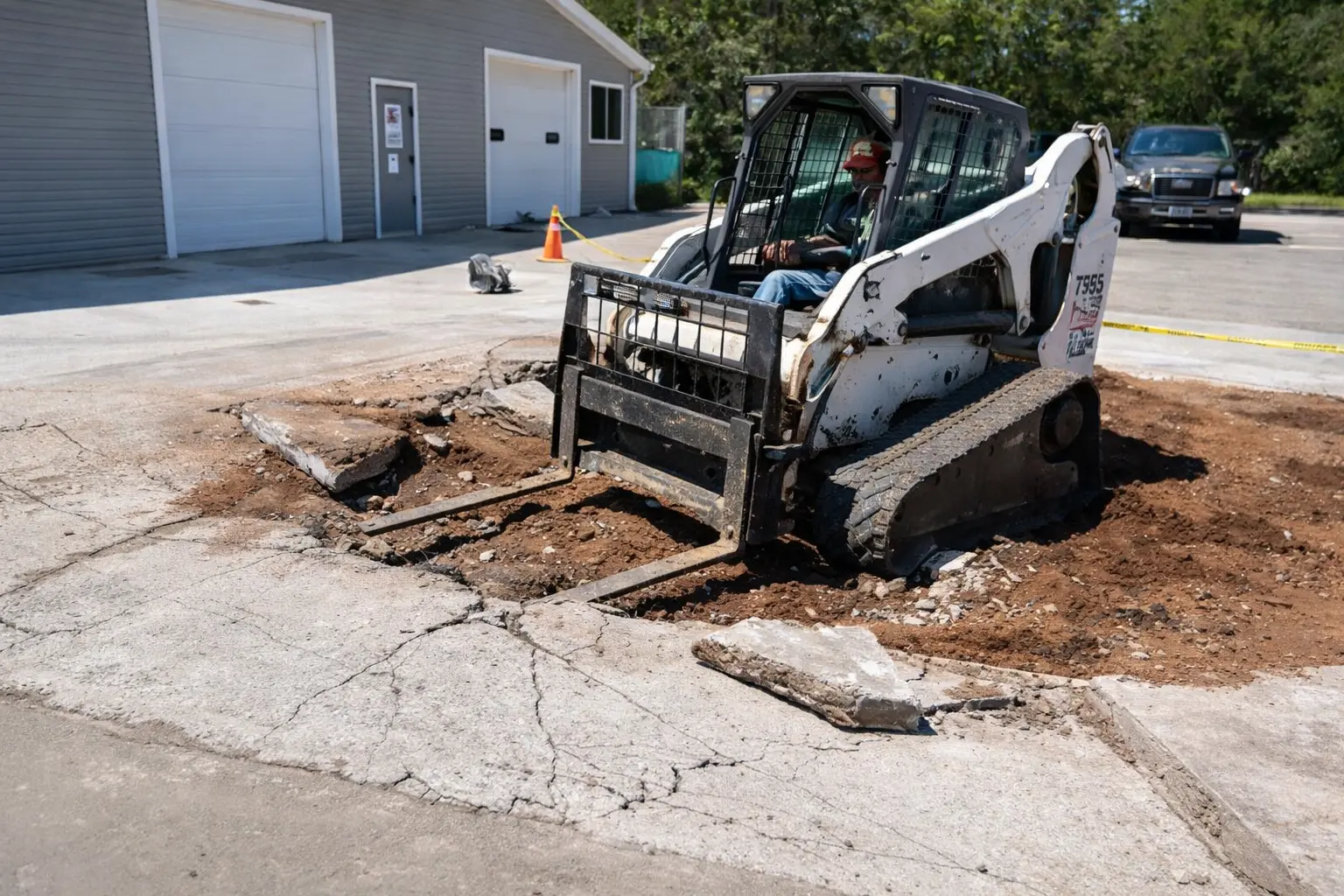 Bobcat compact track loader breaking up a concrete parking lot next to a gray commercial building in Marquette, Michigan