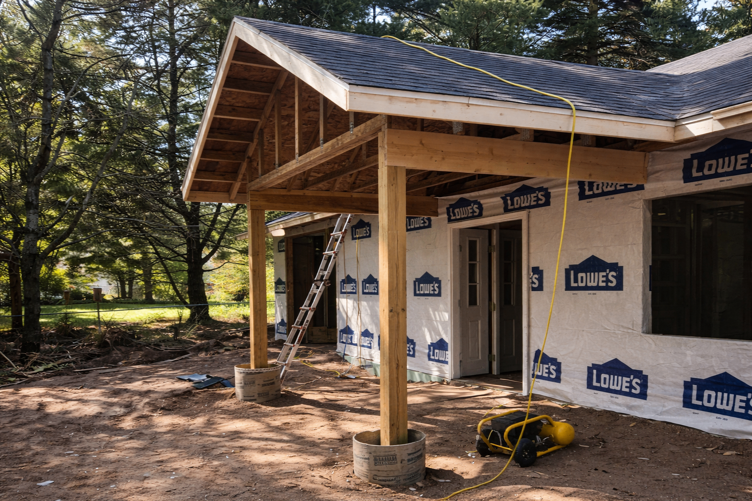 New home framing with covered porch, housewrap, and timber posts on a wooded lot in Marquette, Michigan