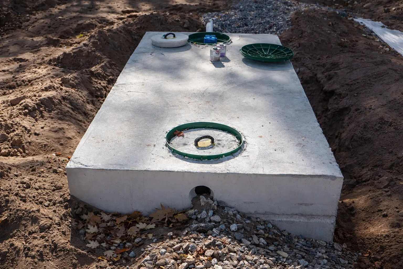 Concrete septic tank installation with green risers in excavated sandy soil in Marquette, Michigan